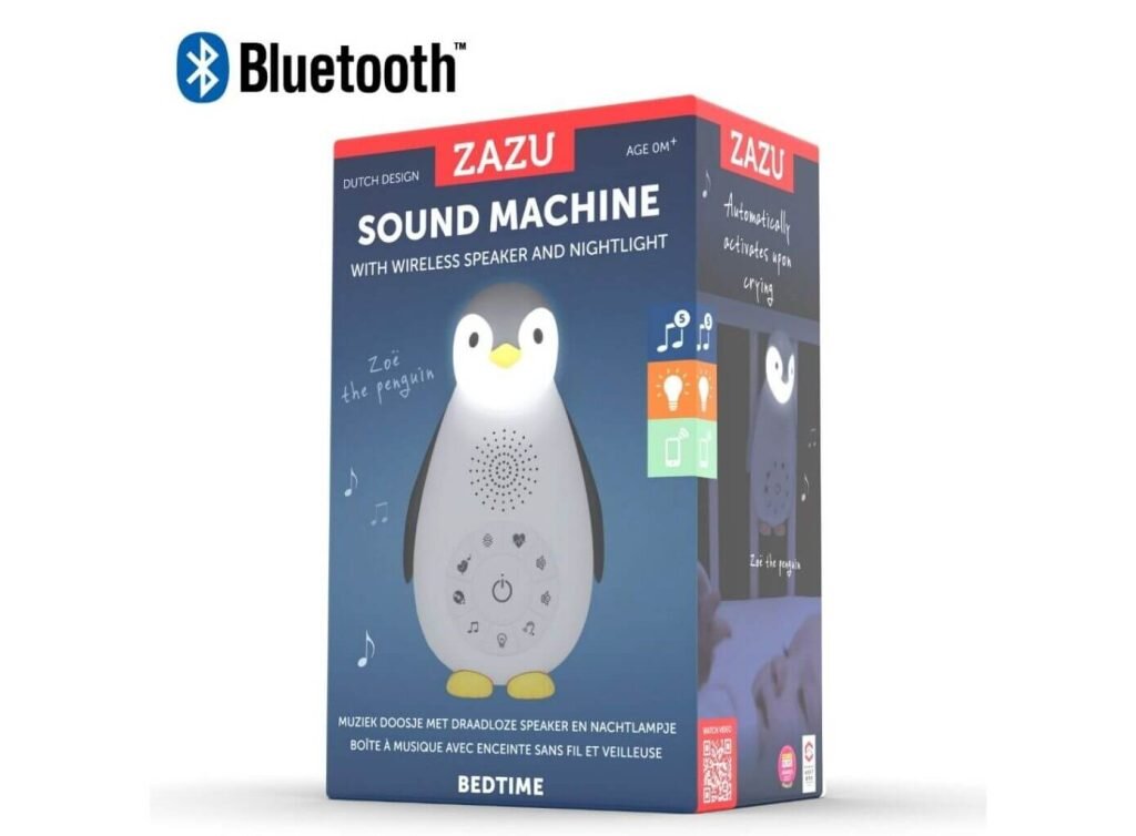Zazu Zoe the Grey Penguin Bluetooth Μουσικό Κουτί & Φωτάκι νικτός με ήχους καρδιάς, λευκούς ήχους, ήχους φύσης, φωνή μαμάς